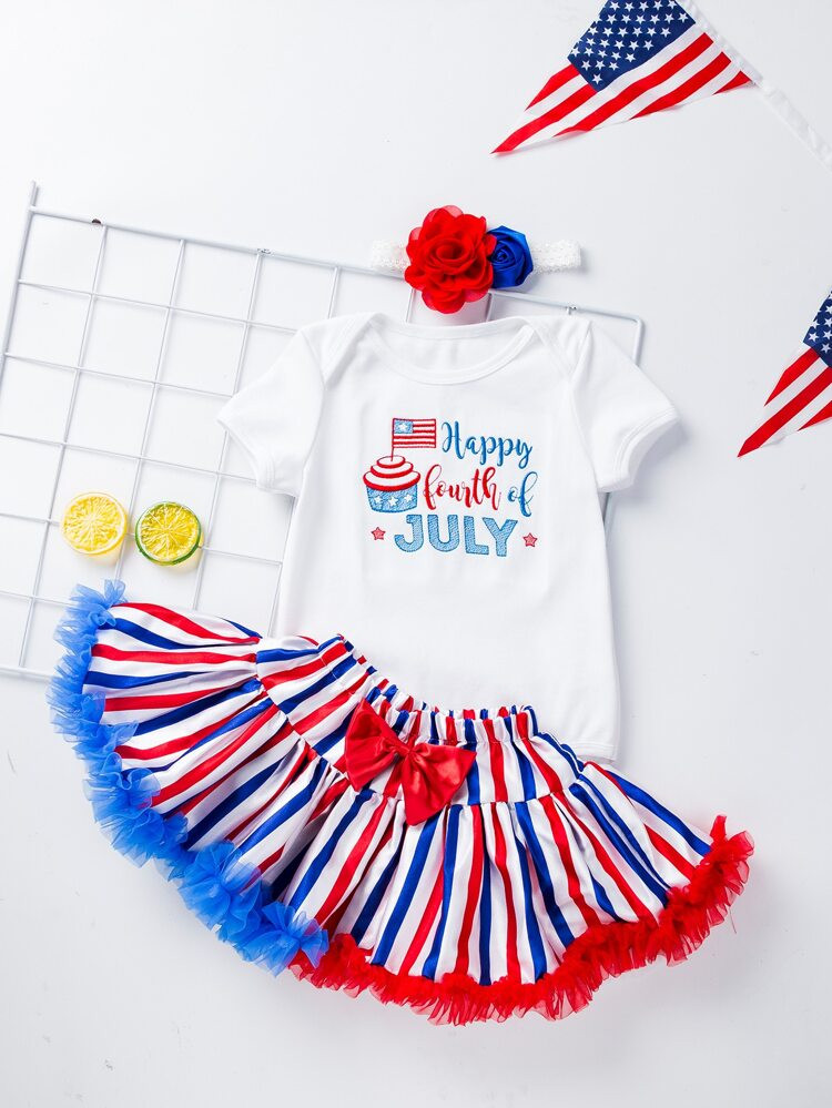 Baby Independence Day Flag Print Bodysuit & Striped Mesh Trim Skirt | SHEIN