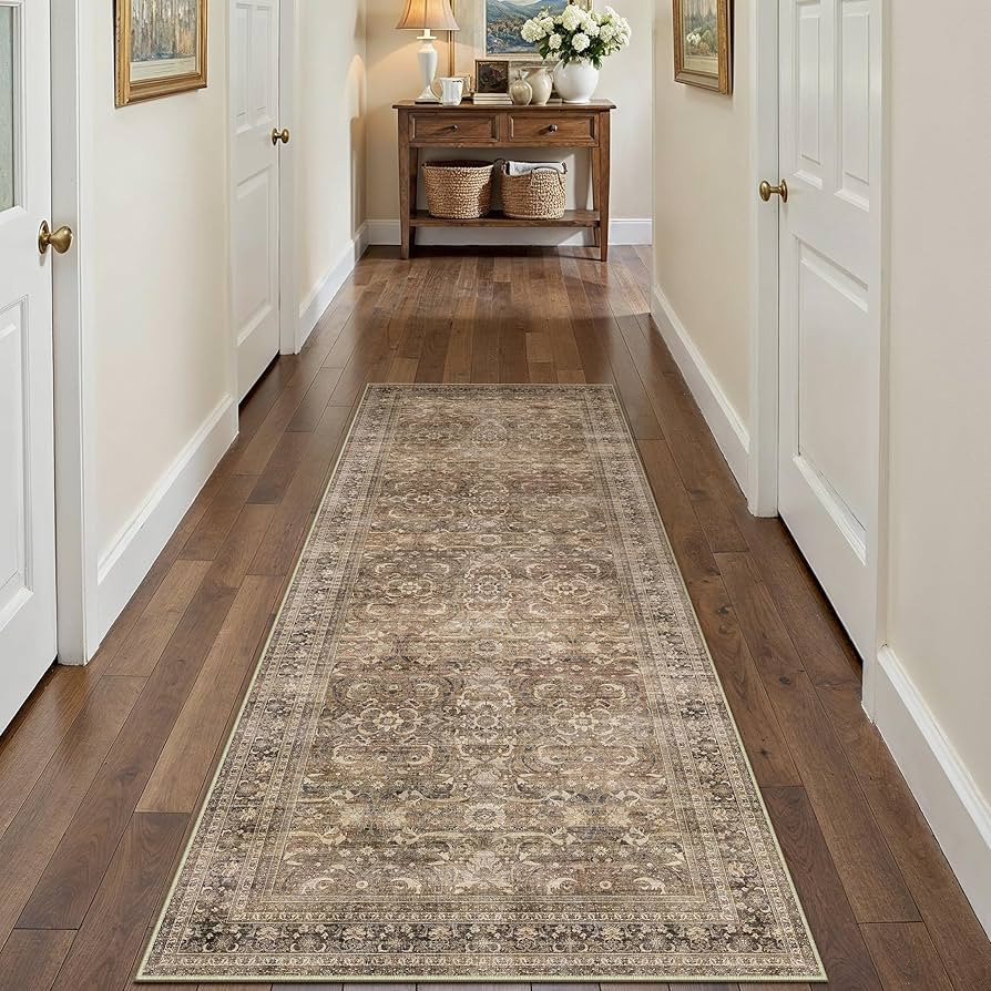 HUGEAR 2x6 Runner Rug Hallway Vintage Brown Machine Washable Retro Floral Low Pile Carpet Vacuuma... | Amazon (US)