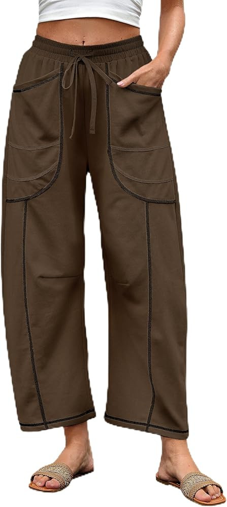 Womens Casual Barrel Pants Baggy Wide Leg Lounge Drawstring Elastic Waist Sweatpants Trousers wit... | Amazon (US)