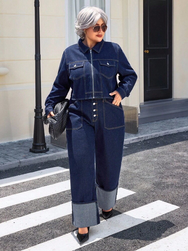 SHEIN Plus Size Women Navy Blue Fashionable Versatile Denim Jacket | SHEIN