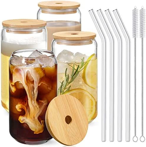 Drinking Glasses with Bamboo Lids and Glass Straw 4pcs Set - 16oz Can Shaped Glass Cups, Beer Gla... | Amazon (US)