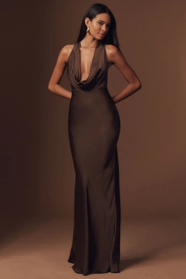 SAU LEE Pearl Satin Plunging Cowl Neck Bias-Cut Sheath Maxi Dress | Anthropologie (US)