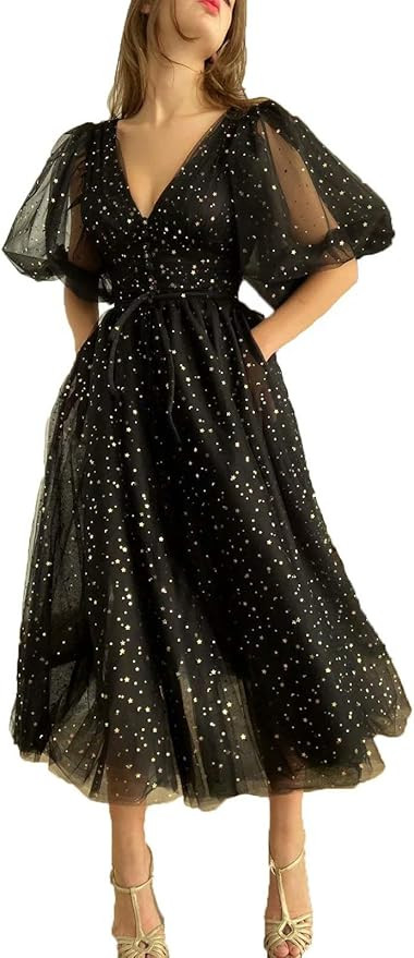 Women's Sparkle Starry Tulle A Line Puffy Sleeve Prom Dresses with Slit Formal Evening Gowns | Amazon (US)