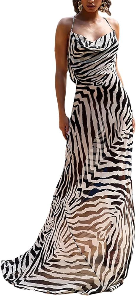 Women's Spaghetti Strap Long Dress Zebra Stripe/Leopard Print Mesh Dress Beach Party Cowl Neck Ba... | Amazon (US)