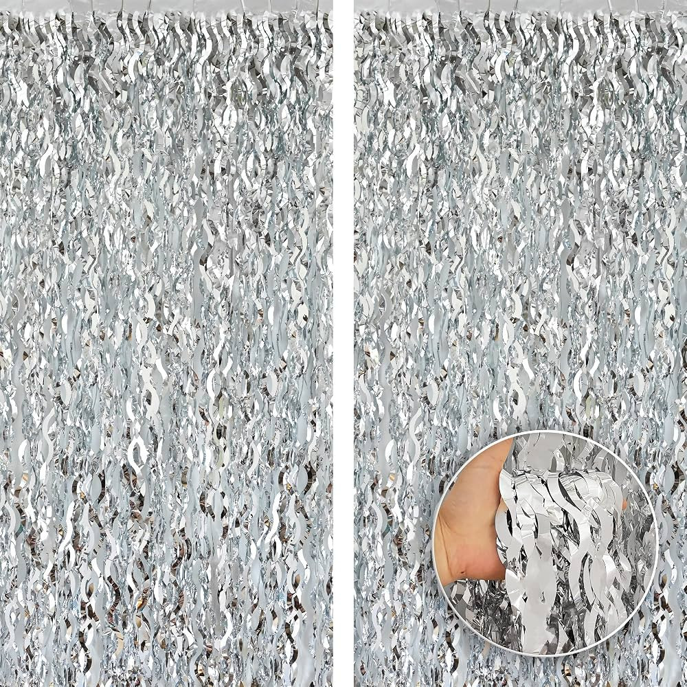 KatchOn, Wavy Silver Backdrop Curtain - 3.2x6.5 Feet, Pack of 2 | Silver Fringe Backdrop for Silv... | Amazon (US)