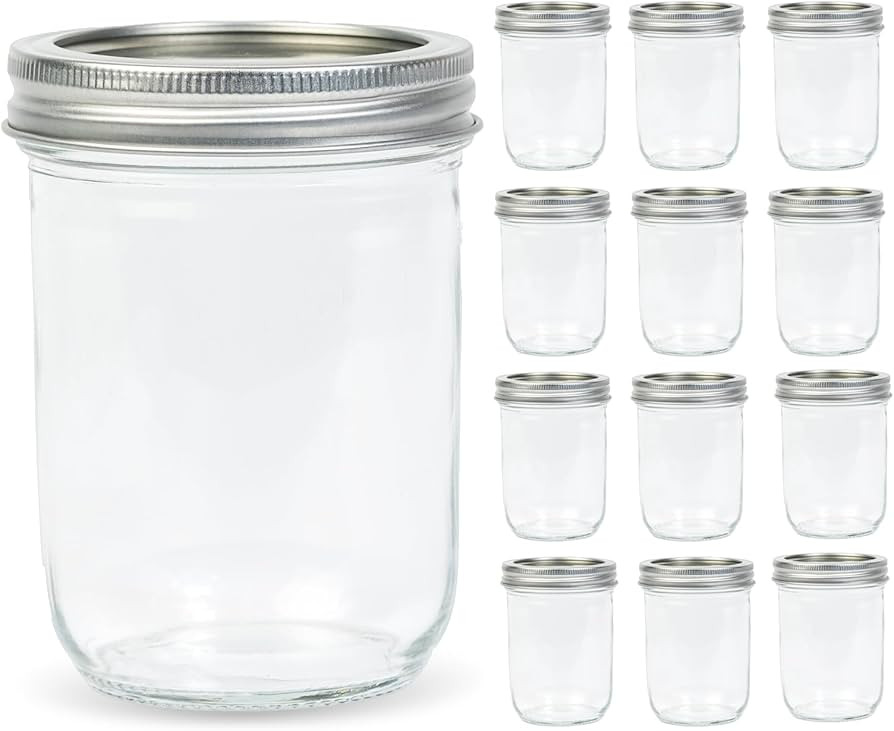 12 Pack 16 oz Wide Mouth Clear Mason Jars with Silver Metal Lids, Canning Jars for Overnight Oats... | Amazon (US)