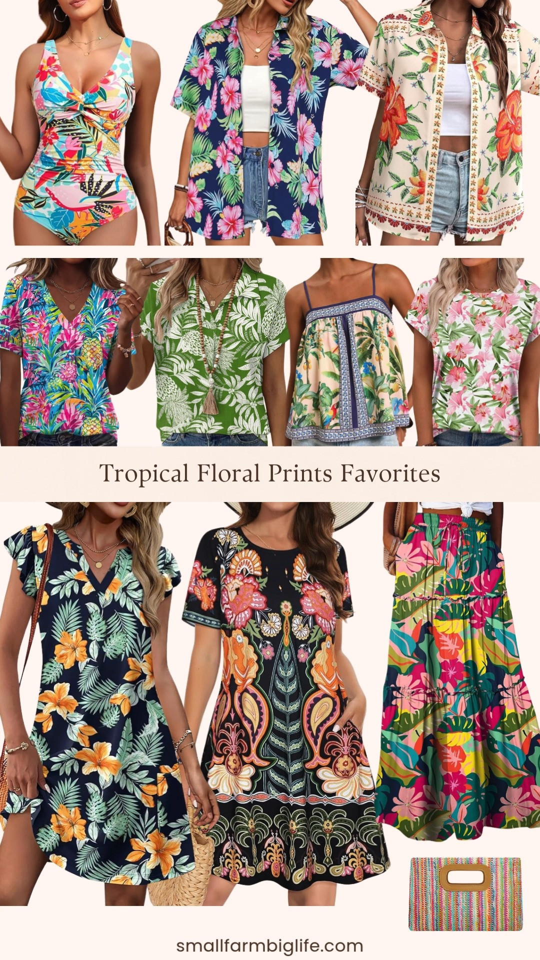 Tropical and floral prints are having such a major moment right now and Amazon has so many beautiful styles to choose from. I rounded up eleven pieces including a black pink and orange t-shirt sundress with pockets, a tropical floral cami, a pink and green floral crew neck top, a green and white collared v neck blouse, a tummy control one piece swimsuit in a tropical print, Hawaiian button down shirts in cream orange and green and pink and navy floral, a black orange and green ruffle sleeve swing dress, a colorful pineapple v neck top, a boho floral maxi skirt perfect for beach vacations and cruises, and a colorful striped top handle clutch with a gold chain that ties the whole tropical look together beautifully. Whether you want a full tropical outfit moment or just a pop of print to brighten up your summer wardrobe there is something in this round up for every style. Tap to shop! 

 #LTKootd #LTKSeasonal #LTKOver40