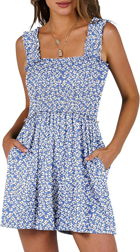 Caracilia Women's Summer Casual Smocked Rompers Square Neck Sleeveless Loose Shorts Jumpsuit 2025... | Amazon (US)