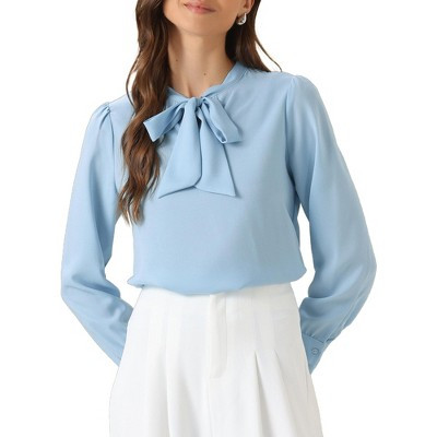 INSPIRE CHIC Women's Bow Tie Neck Elegant Long Sleeve Business Work Office Blouse Small Sky Blue | Target