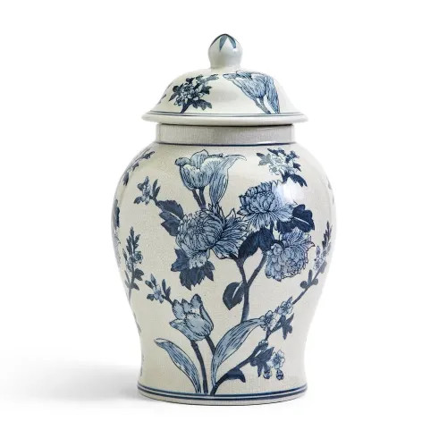 Japanese Blossom Blue and White Decorative Temple Jar Hand-Painted Porcelain | Gracious Style