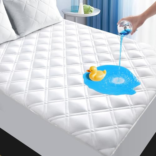 MEELUS Padded Queen Mattress Protector, Breathable Waterproof Mattress Pad Cover Fitted Deep Pocket 8"-21", Soft Noiseless Mattress Cover Washable Cooling for Home Hotel Bedroom, White | Amazon (US)