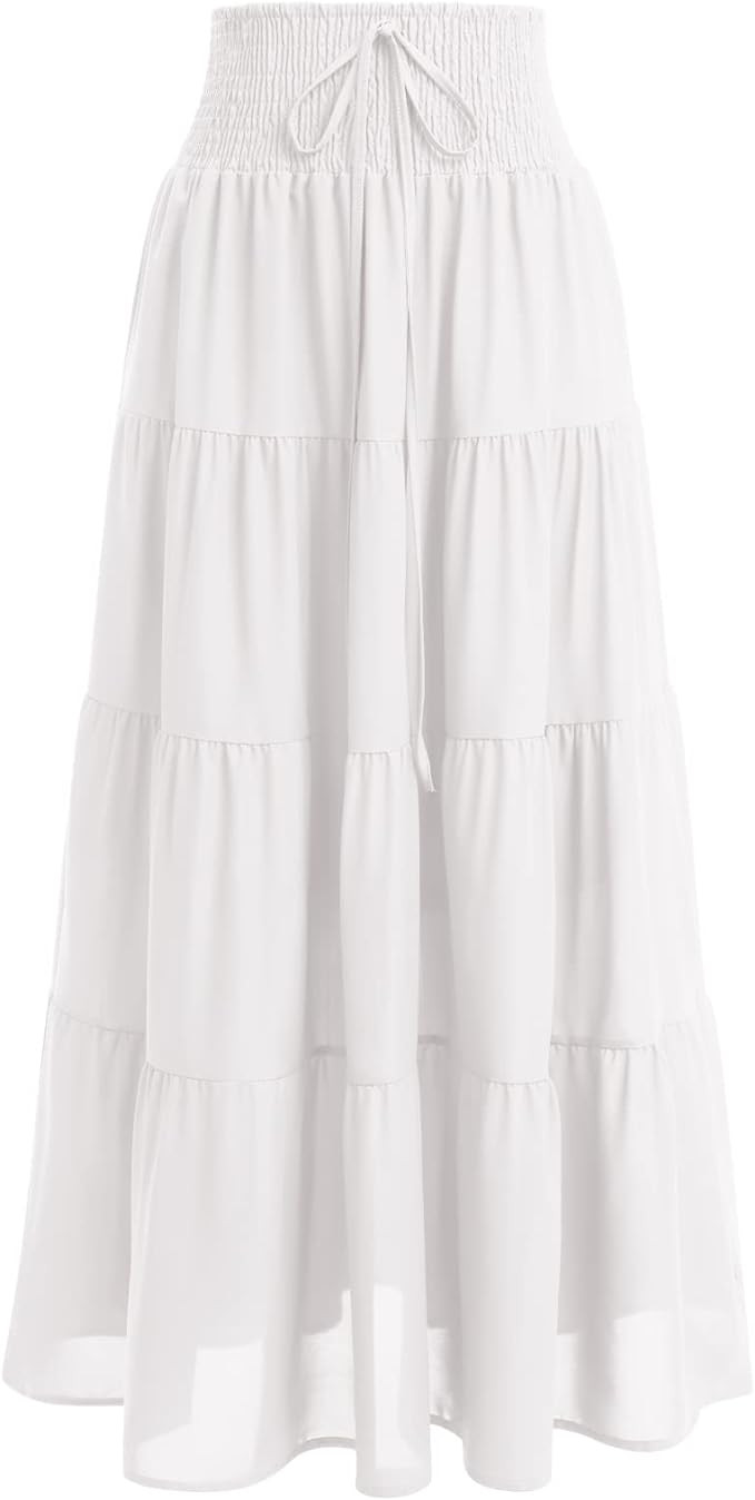 IWEMEK Women Boho Elastic Waist A Line Ruffle Beach Convertible Maxi Skirt Dress Tired Pleated Dr... | Amazon (US)