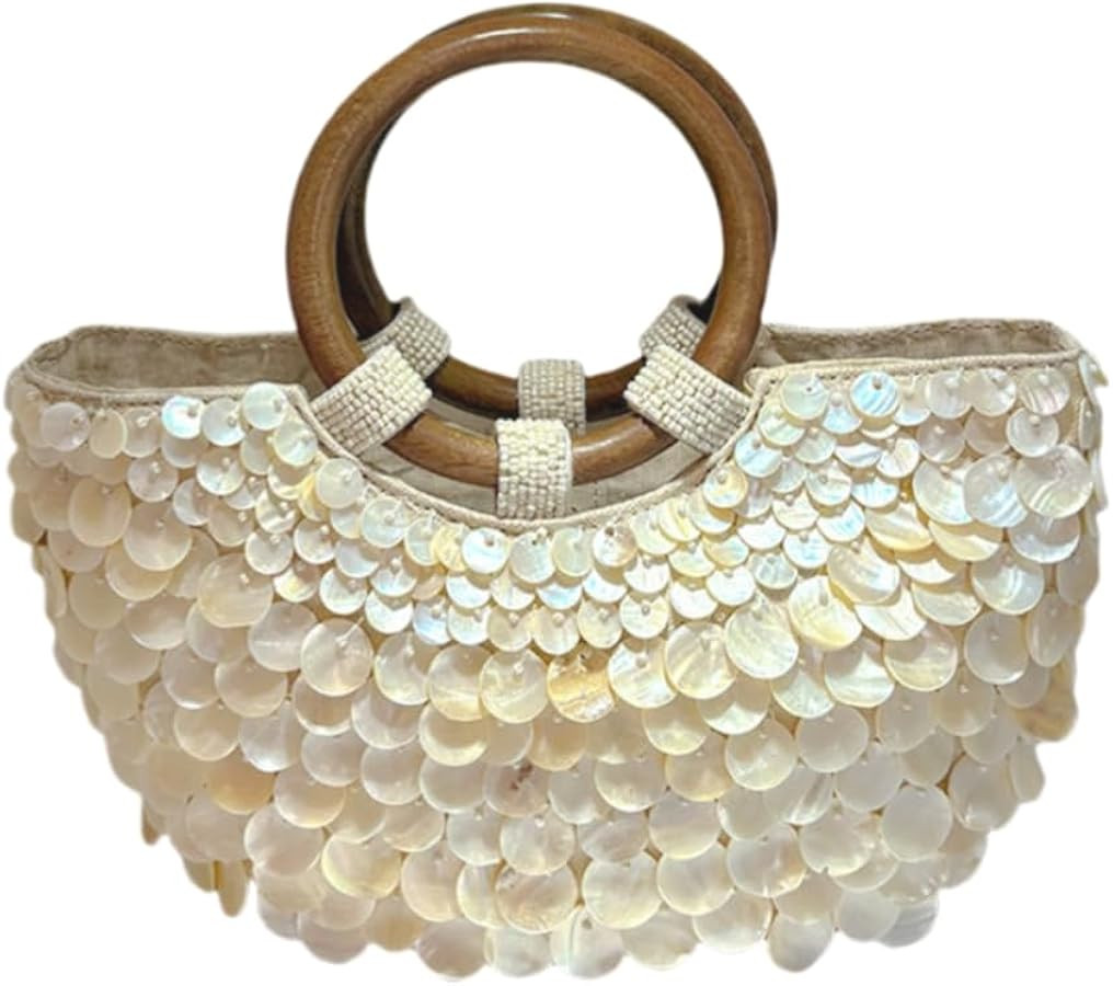 Handmade Shell Beach Clutch Bag, Single-sided Beaded Summer Beach Evening Bag Purse, Wooden Top R... | Amazon (US)