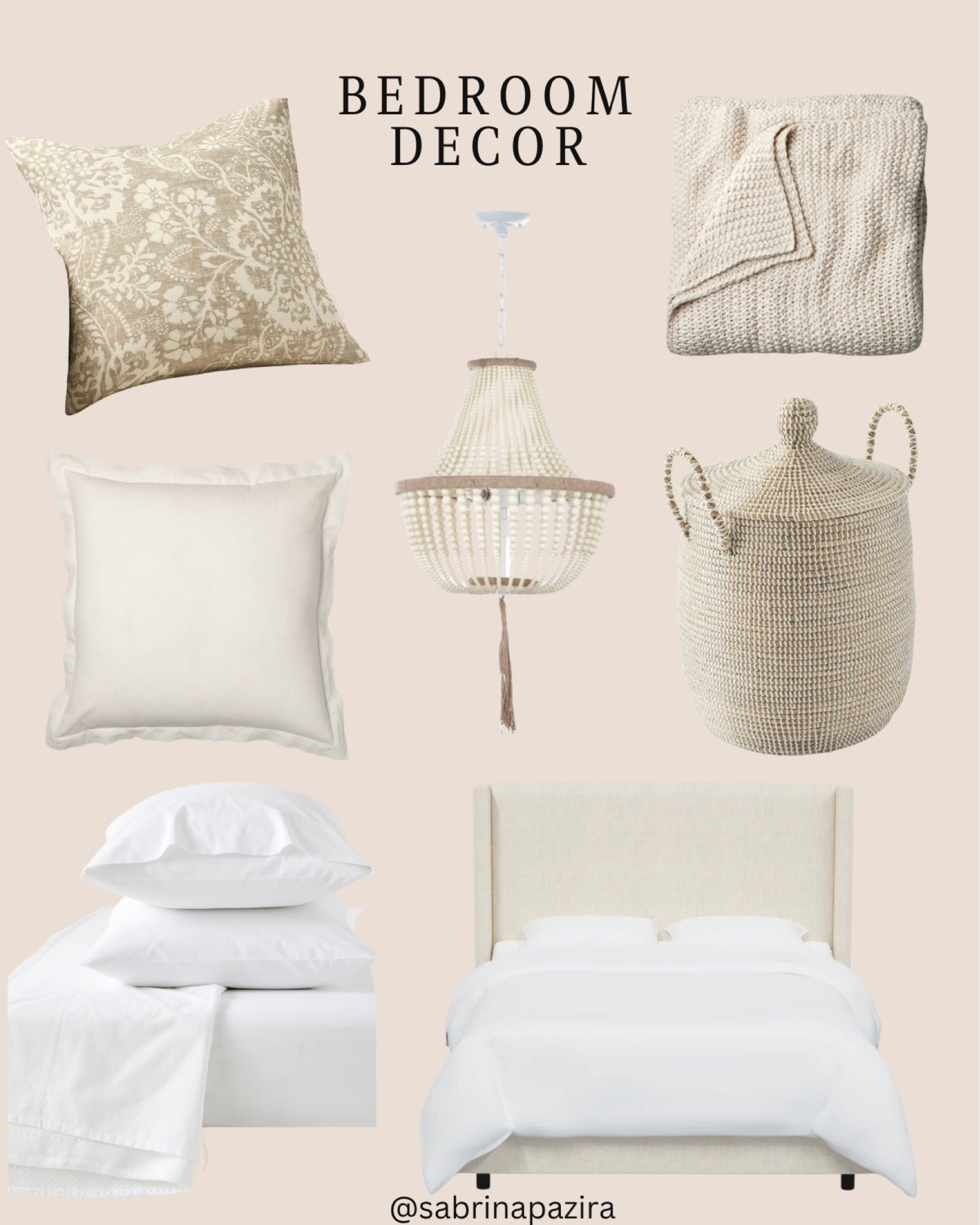 Bedroom decor, neutrals, wooden beaded light, throw pillows, throw blanket, basket, sheets, upholstered bed, home decor 

#LTKunder100 #LTKhome #LTKSeasonal