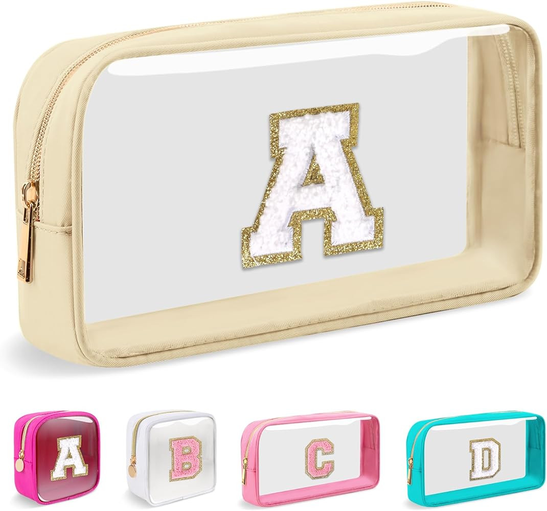 Small Clear Personalized Initial Makeup Bag,Nylon Preppy A-Z Chenille Letter Patch Cosmetic Pouch... | Amazon (US)