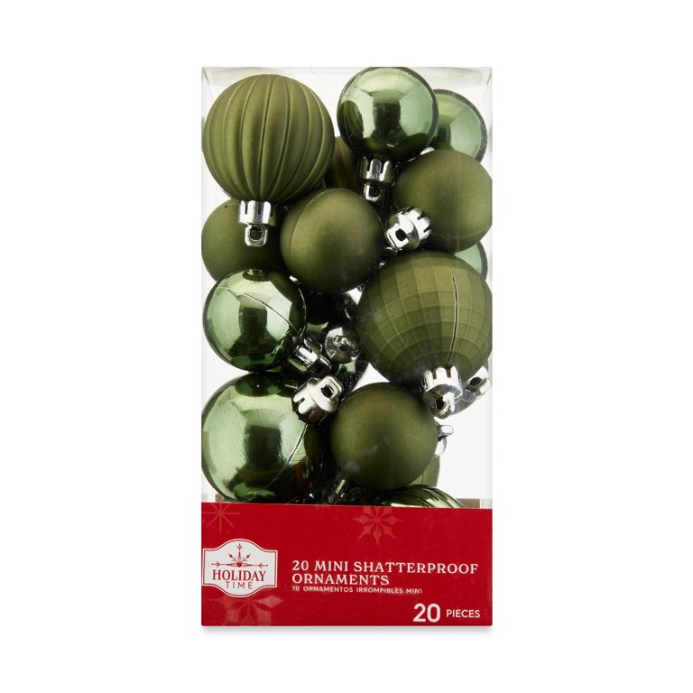 Holiday Time Multi-Textured Shatterproof Christmas Mini Ornaments, Dark Green, 20 Count | Walmart (US)