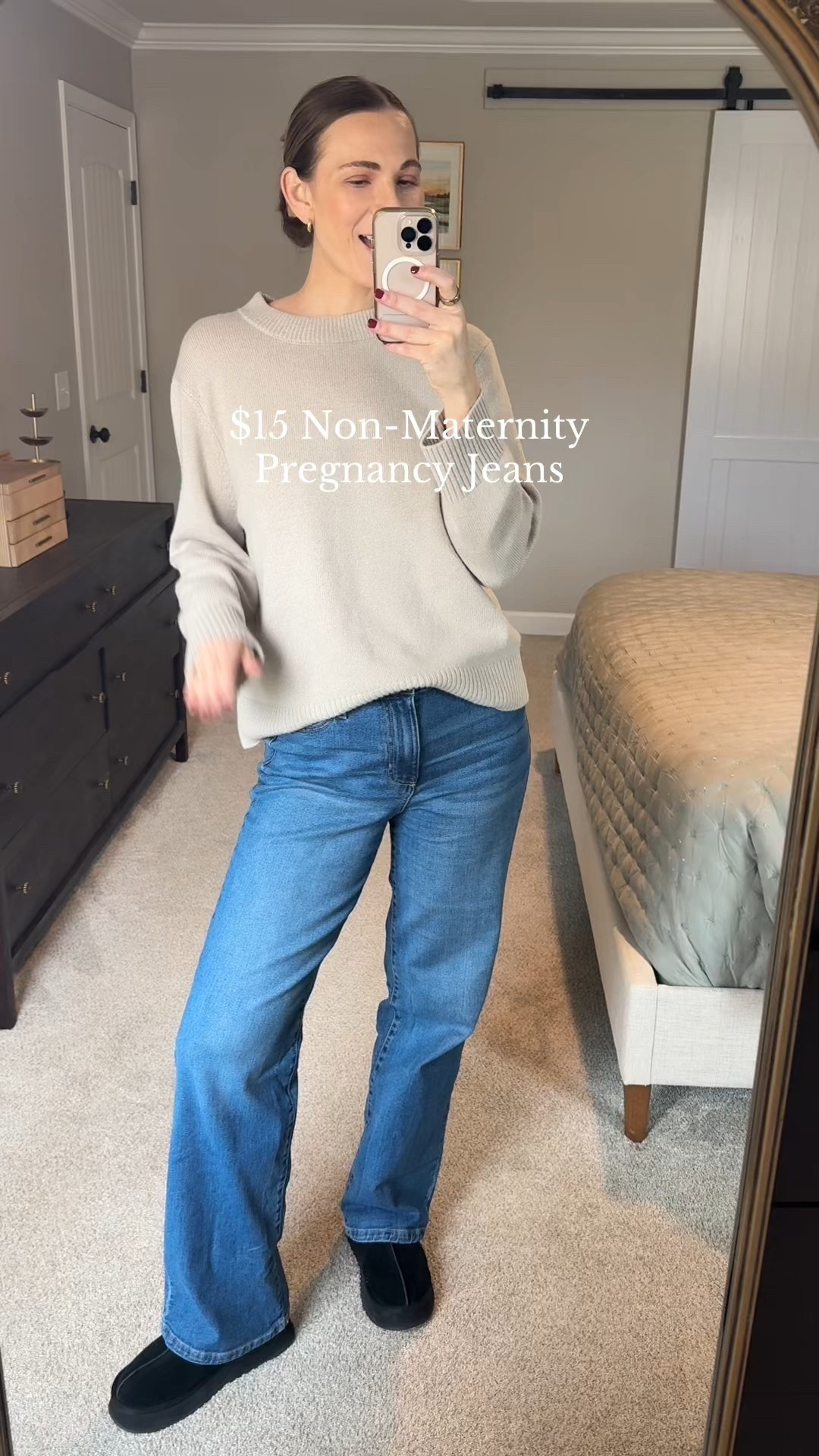 Non-maternity pregnancy jeans - $15 

Jeans - Wearing size medium long at 19 weeks pregnant (typically a 4/6). 
Sweater - size medium (sized up 1 size for pregnancy). Shade: Dark Wash.
Uggs - size 9 (typically 9.5). 

#LTKBump #LTKFindsUnder50 #LTKmomlife