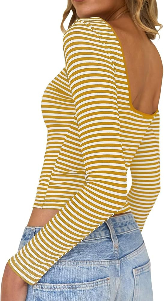 Long Sleeve Shirts for Women Sexy Backless Striped Tops Going Out T-Shirt Y2K Crop Womens Blouse ... | Amazon (US)