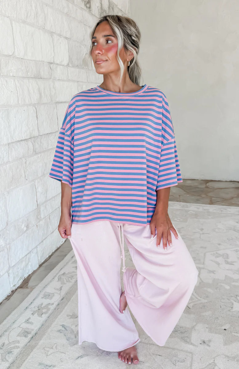 Main Character Oversized Stripe Boyfriend Tee - Rose | CK Squared Boutique