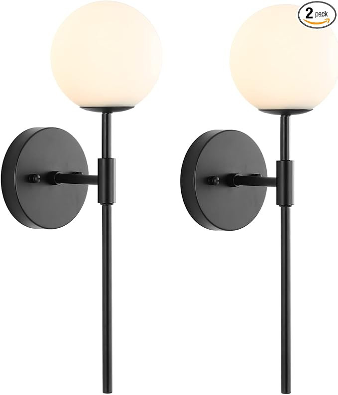 BYOLIIMA Mid Century Modern Wall Lamp 2 Pack with White Globe Glass Shades Matte Black Wall Sconc... | Amazon (US)