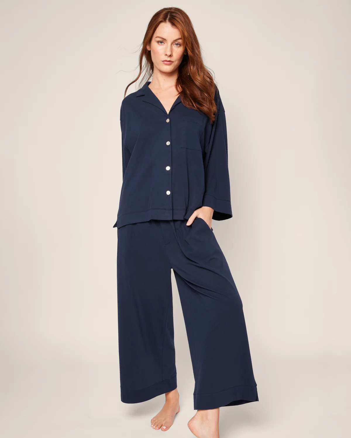 The Olivia Wide Leg Pima Pajama Set in Navy | Petite Plume