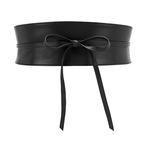 WHIPPY Women Obi Waist Belt Faux Leather Wide Wrap Around Bowknot Belt Ladies Waistband Belts for Dress Black, L | Amazon (US)