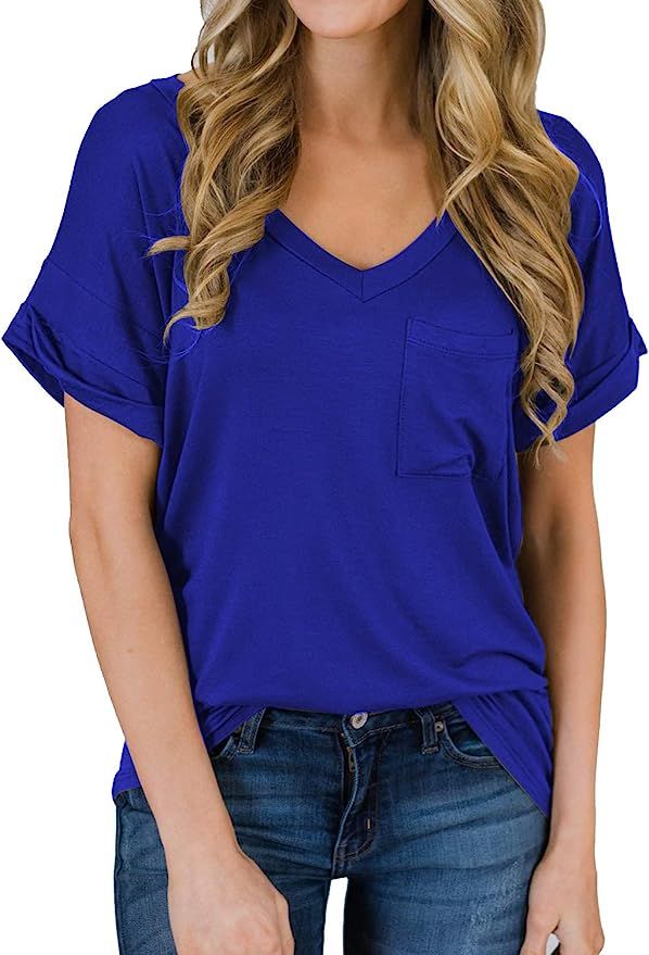 MIHOLL Women's Short Sleeve V-Neck Shirts Loose Casual Tee T-Shirt | Amazon (US)