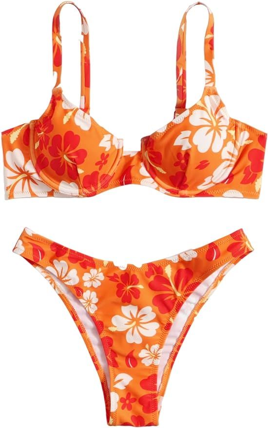 WDIRARA Women's Floral Print Underwire Bikini Swimsuit 2 Piece Bathing Suits Swimwear | Amazon (US)