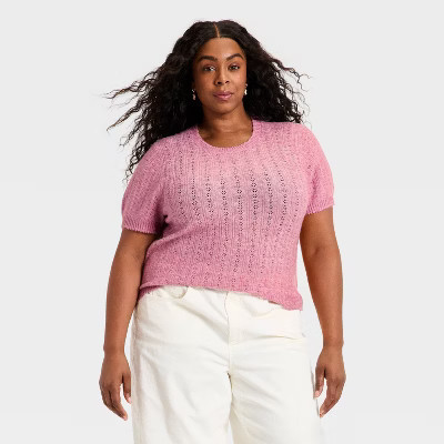 Women's Short Sleeve Pointelle Crewneck Pullover Sweater - Universal Thread™ Pink 4X | Target