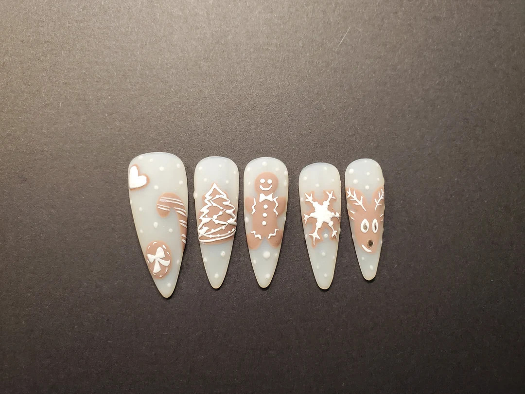 Holiday Gingerbread Cookie Press on Nails. White Matte Background W/snowflakes & Sugar Frosting D... | Etsy (US)