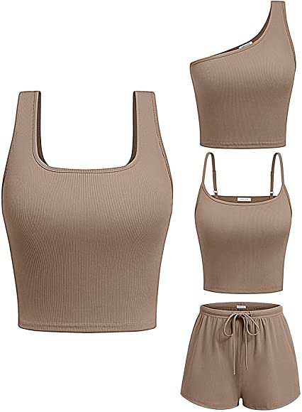 Ekouaer 4 Piece Outfits Crop Tank Top Elastic Waist Shorts Pajama Set Casual Lounge Sets for Dail... | Amazon (US)