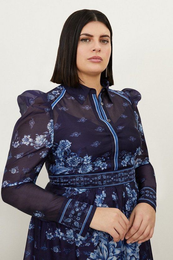 Plus Size Organdie Floral Placement Print Woven Midi Dress | Karen Millen UK + IE + DE + NL