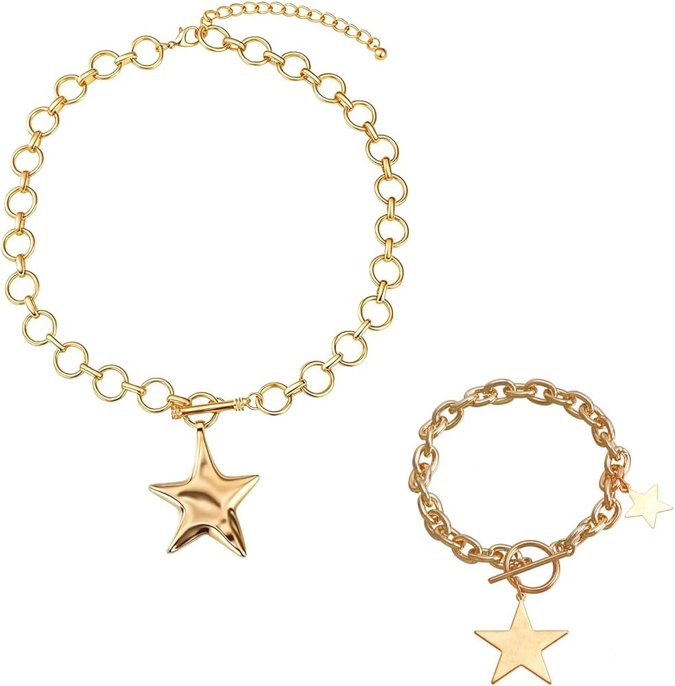 Chunky Necklace and Bracelet Set for Women, 2PCS Cross & Star Jewelry Sets, Trendy Gold and Silve... | Amazon (US)
