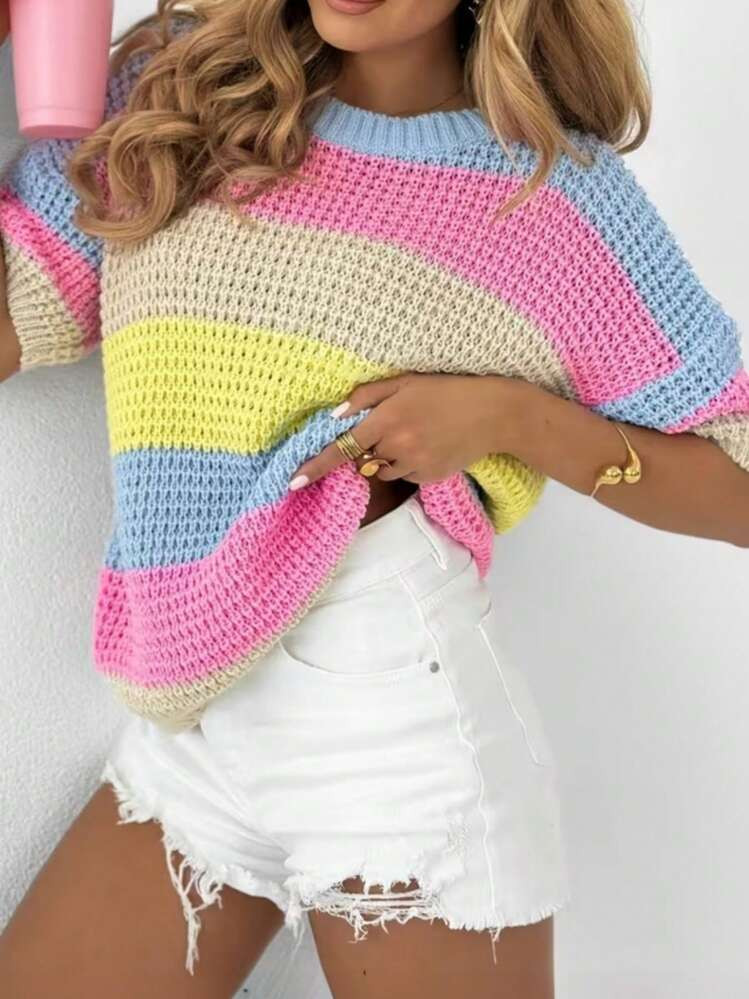 Colorful Striped Short Sleeve Sweater, Sweet Style Loose Round Neck Top, Soft And Breathable Fabr... | SHEIN