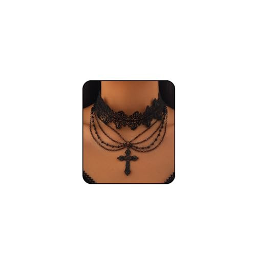 RLHRNDE Gothic Cross Lace Choker for Women Halloween Layered Bead Cross Pendant Necklace Victorian Vintage Vampire Necklace Halloween Christmas New Year Goth Jewelry Gift (Black) | Amazon (US)