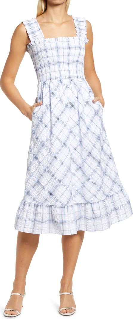 Smocked Plaid Cotton Seersucker Midi Sundress | Nordstrom