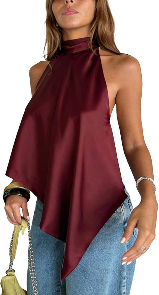 Famnbro Women Silk Satin Top Y2k Halter Neck Sleeveless Backless Asymmetrical Sexy Elegant Going ... | Amazon (US)