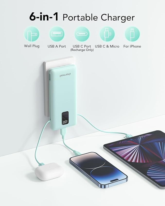 charmast Portable Charger with Built-in Cables and Plug, 10000mAh USB C Power Bank Fast Charging,... | Amazon (US)