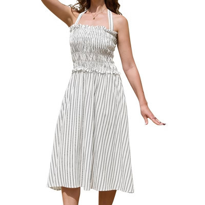 INSPIRE CHIC Women's Halter Neck Summer Smocked Striped Midi Dresses Small White | Target