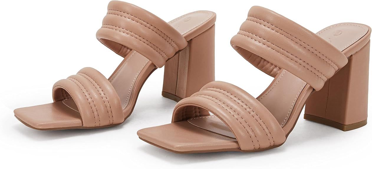 Womens Square Open Toe Two Strap Block High Heels Chunky Heeled Sandals Slip On Backless Slide Mu... | Amazon (US)