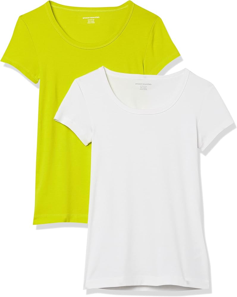 Amazon.com: Amazon Essentials Women's Slim-Fit Cap-Sleeve Scoop Neck T-Shirt, Pack of 2, Black/Sa... | Amazon (US)