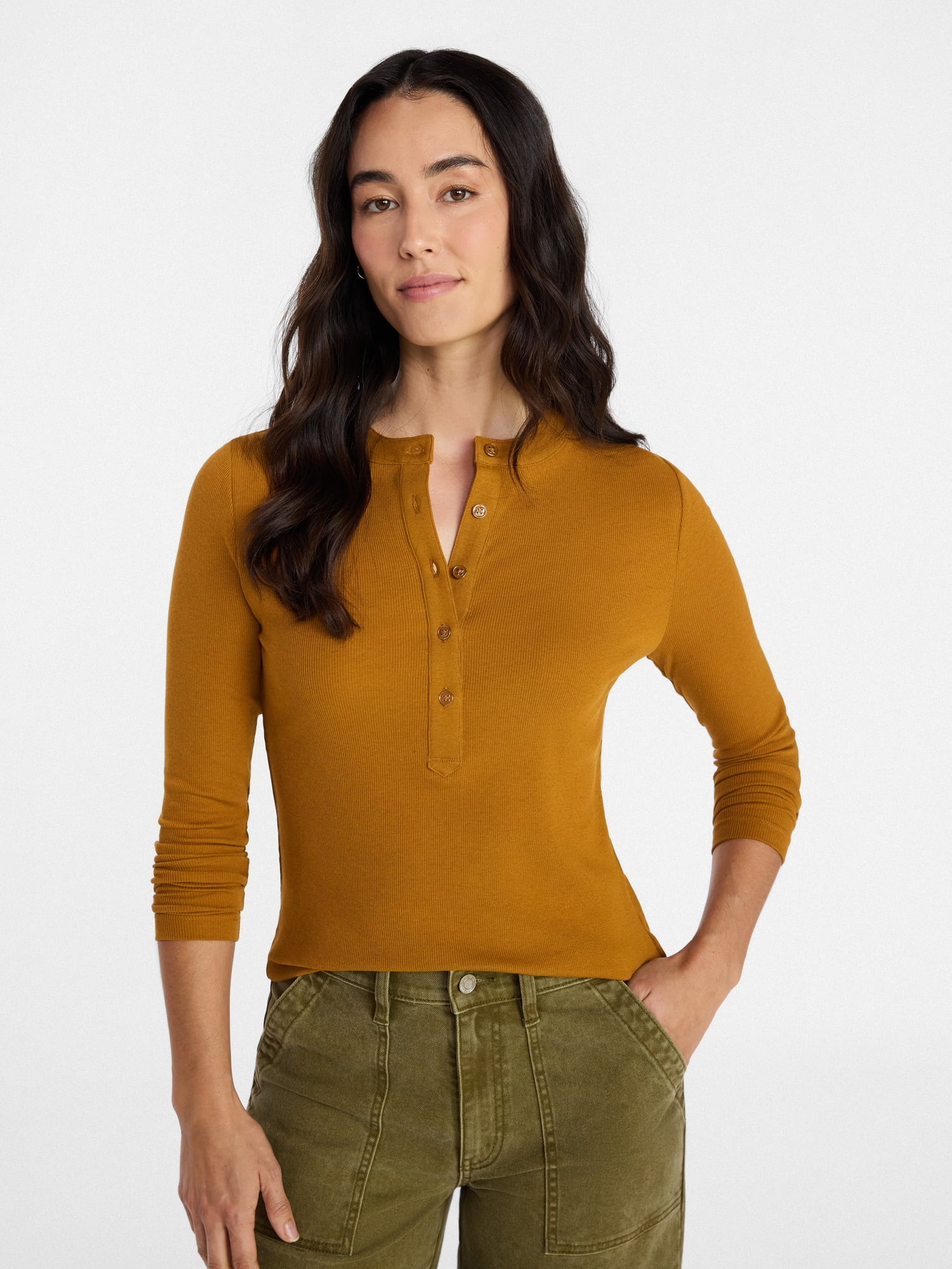 Time and Tru Women's Ribbed Henley with Long Sleeves, Sizes XS-XXXL | Walmart (US)