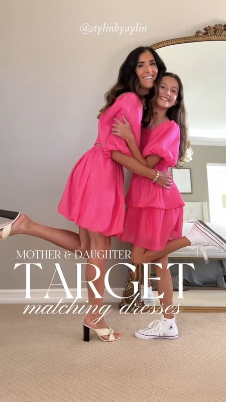 Mother and daughter Target matching dresses! 

I’m just shy of 5’7 for reference: 
PINK DRESS: We both found it to run small and sized up one. Wearing S

GREEN DRESS/ WHITE DRESS: TTS 

#LTKunder50 #LTKstyletip #LTKFind