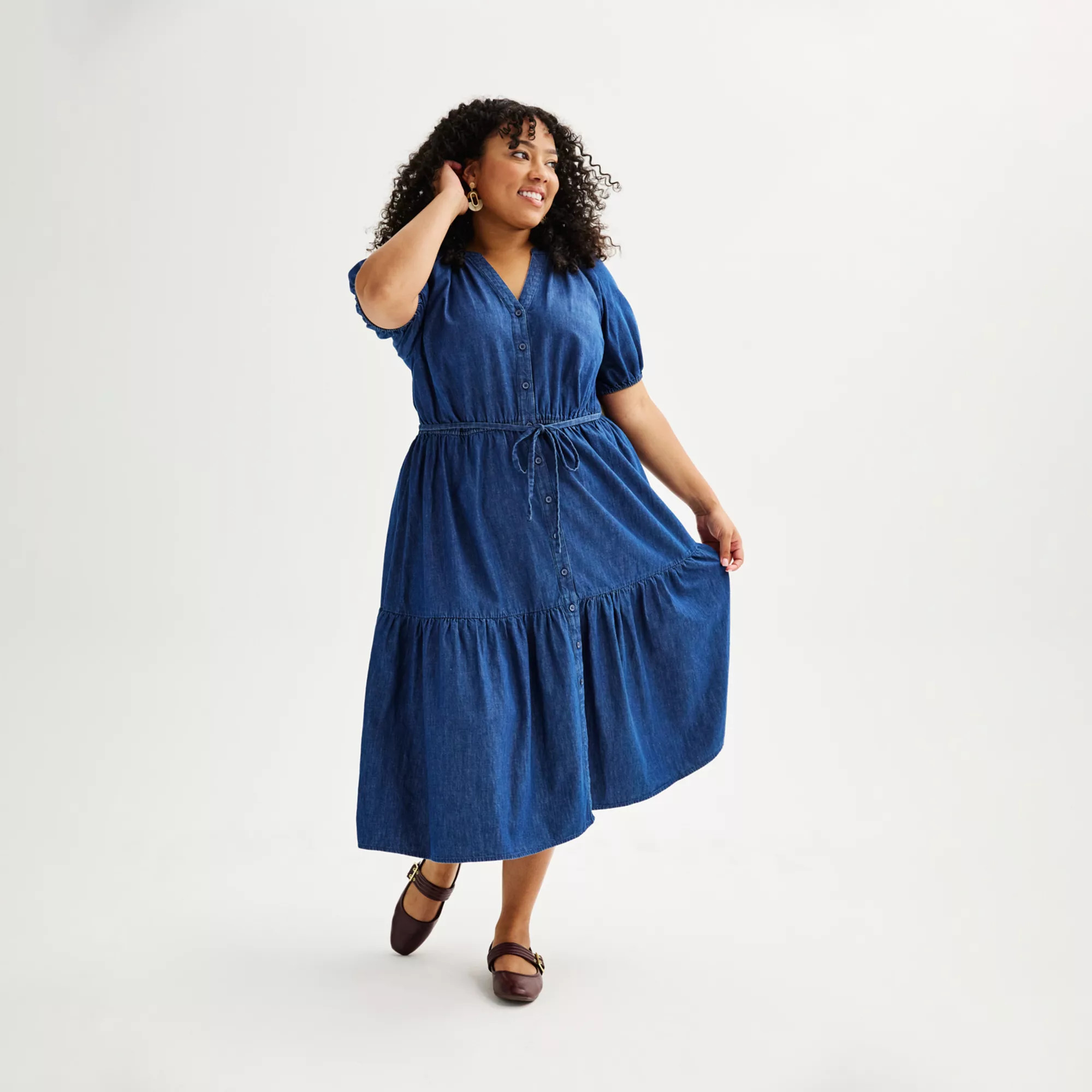 Plus Size Sonoma Goods For Life® Puff Sleeve V-Neck Tiered Midi Dress | Kohl's