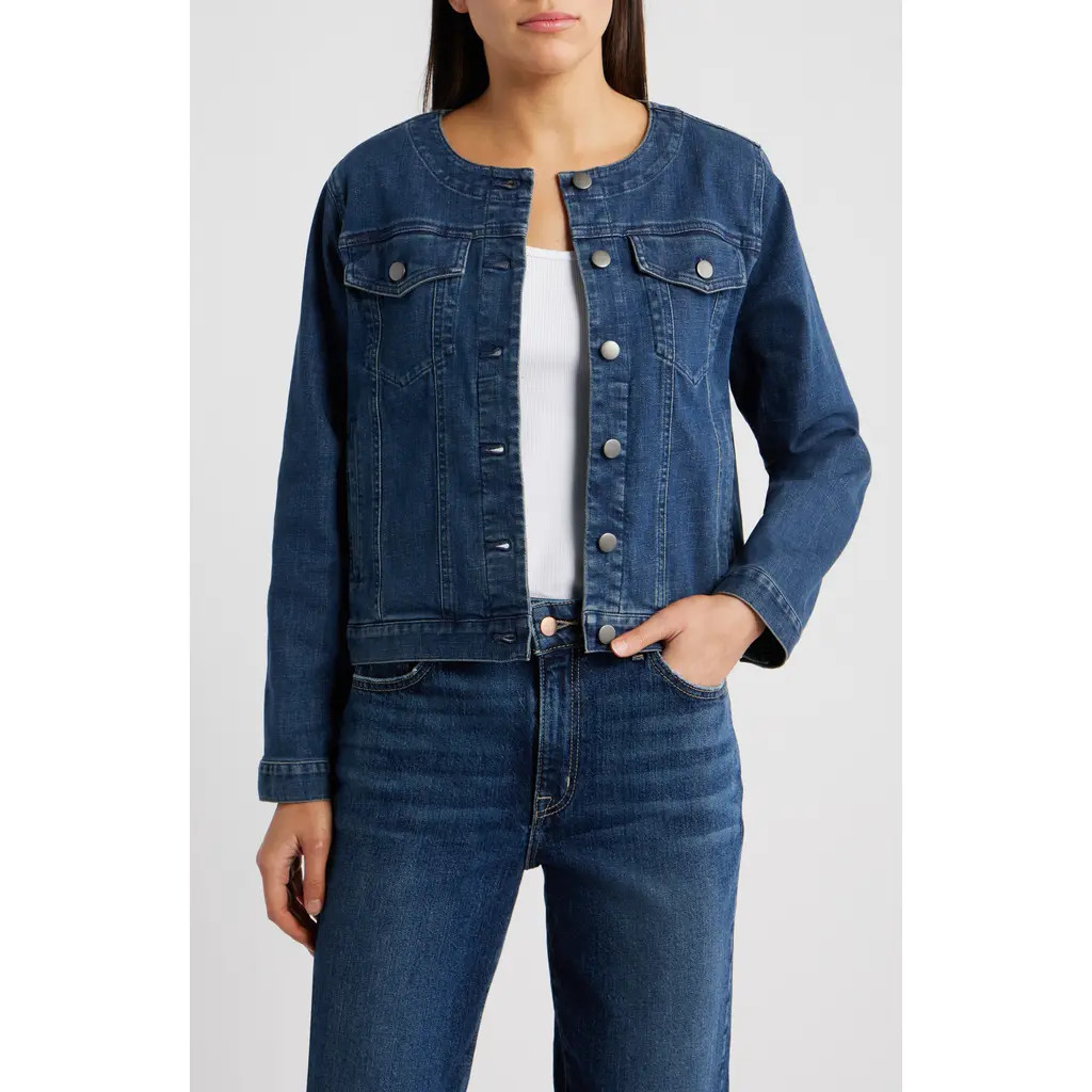 Eileen Fisher Round Neck Denim Jacket in Medium Indigo at Nordstrom, Size Xx-Small | Nordstrom