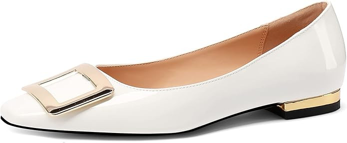 Women's Square Toe Gold Metal Buckle Pumps Patent Leather Slip On Flat Shoes | Amazon (US)