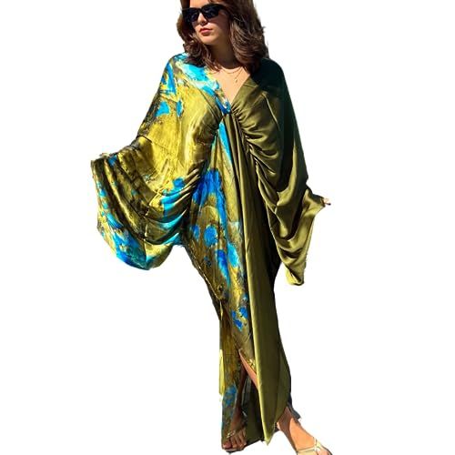 Women's Kaftan Maxi Dress Ethnic Plunging V Neck Beach Cover Up Swimsuit Maxi Dressing Robe Gown | Amazon (US)