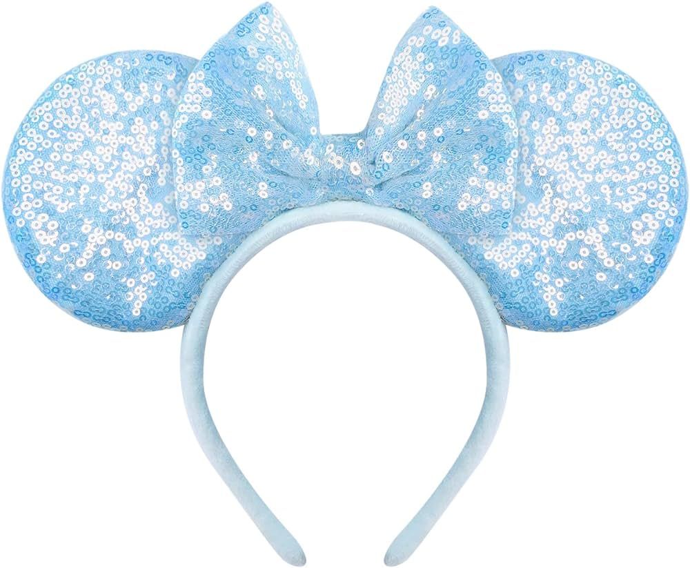 Blue Minnie Ears Headband,Blue Mouse Ears Bow Headband, Sequin Rose Gold Pink Mouse Ears Headband... | Amazon (US)