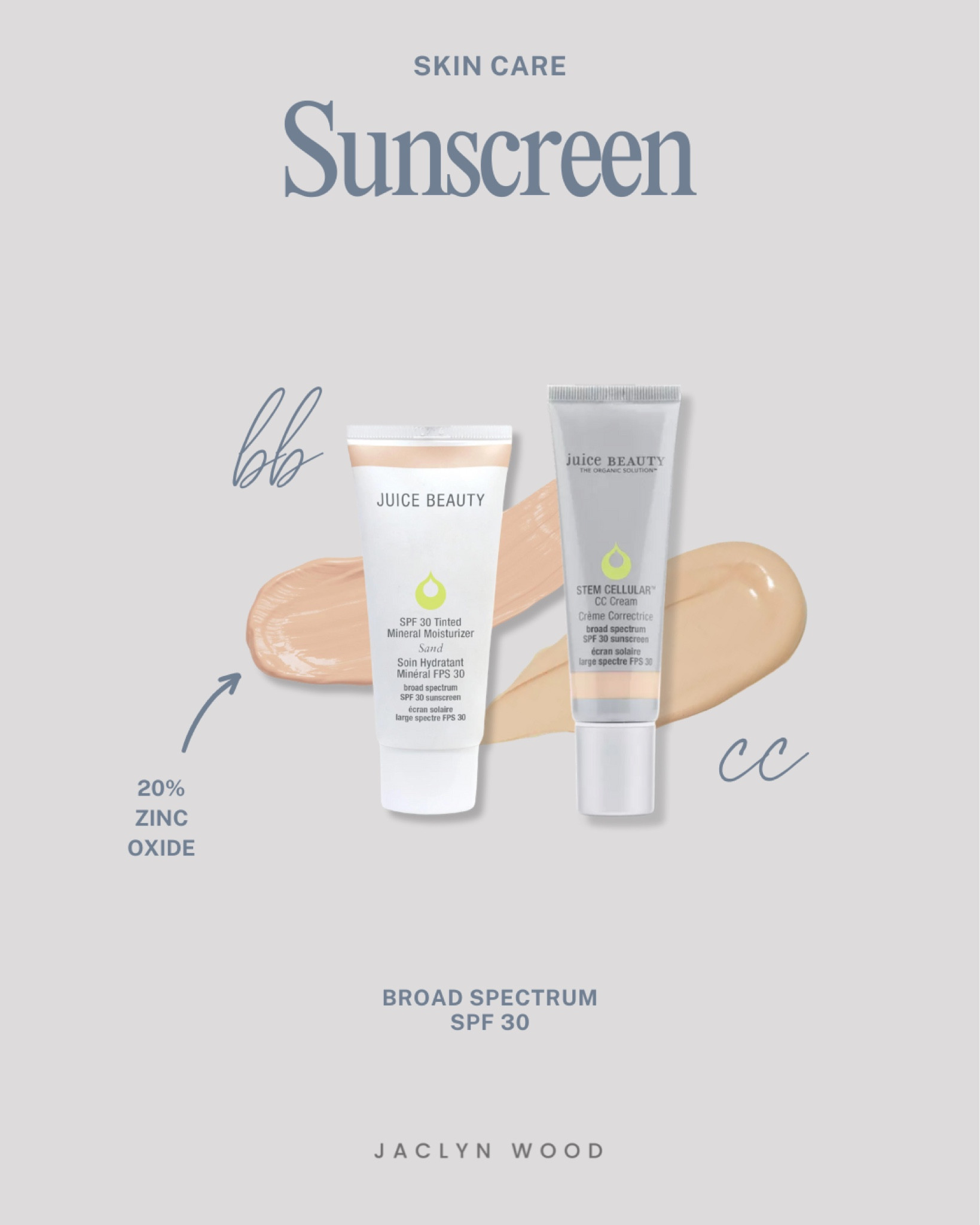 Two of my favorite zinc SPF 30 sunscreens that are also color and skin tone correcting (juice beauty - rosy glow cc cream and tinted bb cream) to not only protect your skin from sun damage but also as a light-medium coverage for a glowing, radiant complexion.

#LTKFindsUnder100 #LTKBeauty #LTKActive