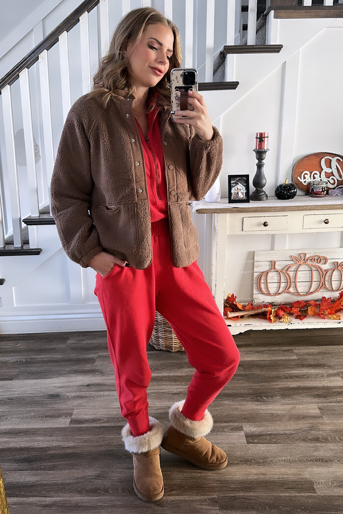 Comfy and cozy can also be CUTE! 
I want to wear this jumpsuit literally every day I bought it in blue this morning. Wearing a small

Coat is from Amazon and so warm! Wearing a small

Boots are years old from Ugg. But I linked other Uggs and a cute Walmart version as well! 